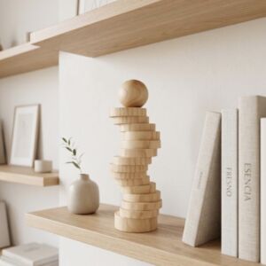 Escultura de madera geométrica Sinergia, pieza artesanal torneada a mano en Asturias