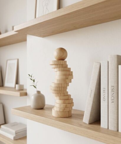 Escultura de madera geométrica Sinergia, pieza artesanal torneada a mano en Asturias
